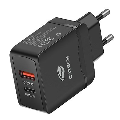CARREGADOR RÁPIDO 20W 1 USB QUICK CHARGE 1 TIPO C POWER DELIVERY C3TECH UC-P200BK
