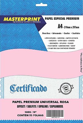PAPEL OFFSET SULFITE OPALINE ROSA 180G A4 50 FOLHAS MASTERPRINT