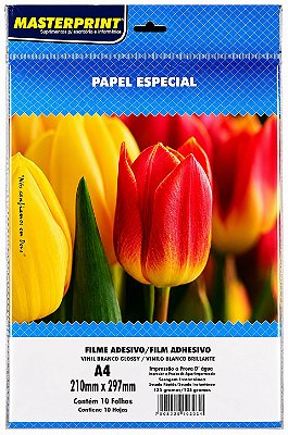 FILME ADESIVO VINIL BRANCO GLOSSY 135G A4 10 FOLHAS MASTERPRINT