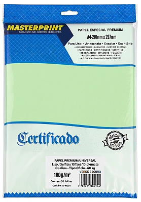 PAPEL OFFSET SULFITE OPALINE DIPLOMATA VERDE ESCURO A4 180G 50 FOLHAS MASTERPRINT
