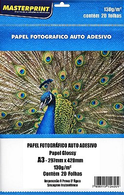 PAPEL FOTO GLOSSY ADESIVO A3 130G 20 FOLHAS MASTERPRINT