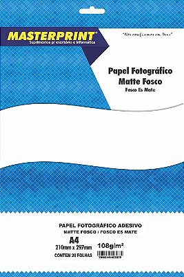 PAPEL FOTO MATTE FOSCO ADESIVO A4 108G 20 FOLHAS MASTERPRINT