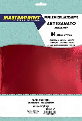 PAPEL ESPECIAL ARTESANATO LAMINADO LAMICOTE VERMELHO 250G MASTERPRINT A4 10 FOLHAS