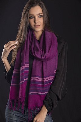 Pashmina 100% Lã da Kashmira Roxa Barra com Listras
