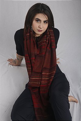 Pashmina Lã da Kashmira com Seda Listras Vinho e Ferrugem