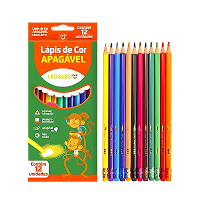 Lápis de Cor Apagável 12 Cores Léo e Léo