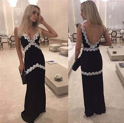 Vestido Longo Preto com Guipir Branco - Desnude