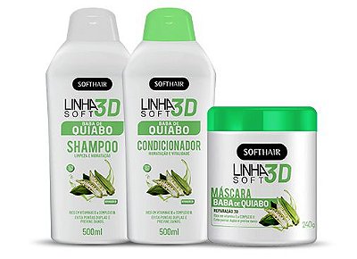 Shampoo,Condicionador E Máscara Baba De Quiabo Hidrataçaõ Softhair Linha 3D