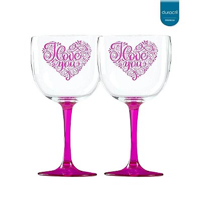02 Taças de Gin Bicolor rosa translúcido 580 Ml Personalizadas 'Coração Love you'