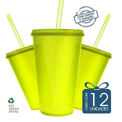 12 Copos Ecológico Biodegradável 550 ml Amarelo Neon com Tampa e Canudo