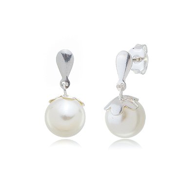 Cartela de Brincos Pérola 10mm com Gotinha - Prata 925 (Contém 12 Pares)