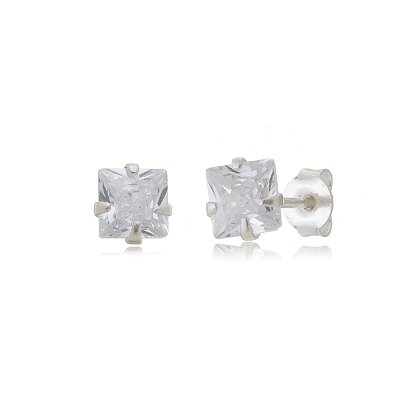 Cartela de Brincos Quadrado 8x8 - Cristal - Prata 925 (Contém 12 Pares)