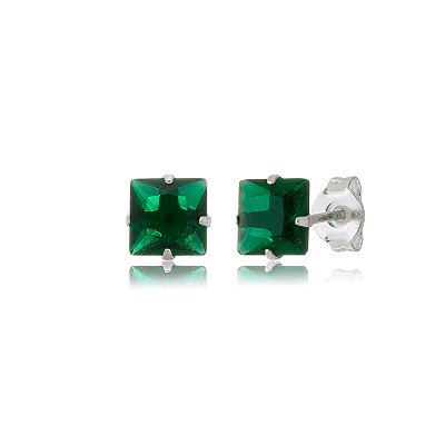 Cartela de brincos zircônia quadrado 6x6 - Verde Esmeralda - Prata 925 (Contém 12 Pares)