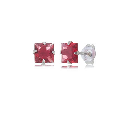Cartela de brincos zircônia quadrado 6x6 - Cereja - Prata 925 (Contém 12 Pares)