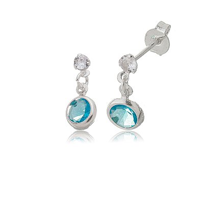Brinco Zircônia Redondo 3mm com 6mm - Azul Céu- Prata 925 (12 Pares)