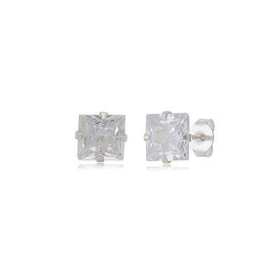 Cartela de brincos zircônia quadrado 6x6 - Cristal - Prata 925 (Contém 12 Pares)