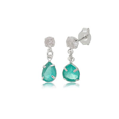 Cartela de brincos zircônia Gota Garra com Redondo 4mm - Verde Leitoso - Prata 925 (Contém 12 Pares)