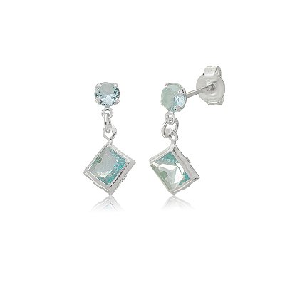 Cartela de Brincos Redondo 4mm com Quadrado 6x6 - Azul Bebê - Prata 925 (Contém 12 Pares)