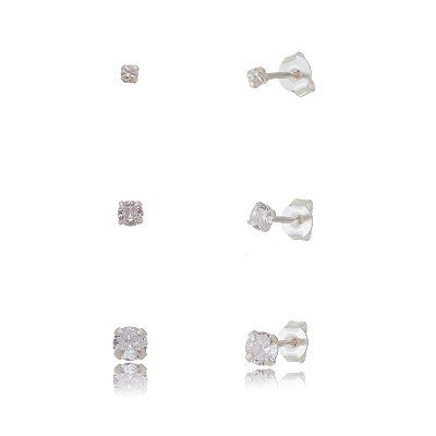 Trios de brincos zircônia Redondo - Cristal 2/3/4mm - Prata 925 (Contém 5 Trios)