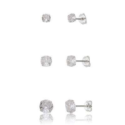 Trios de brincos zircônia 4/5/6mm - Cristal - Prata 925 (5 trios)