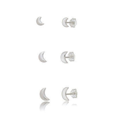 Trios de brincos Prata Lisa 3 Luas - Prata 925 (Contém 5 Trios)