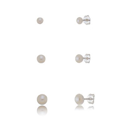 Trios de brincos Pérola Embutido 3/4/5mm - Prata 925 (Contém 5 Trios)