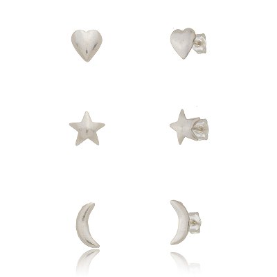 Trios de brincos Estampados - Lua, Estrela, Coração G - Prata 925 (Contém 5 Trios)
