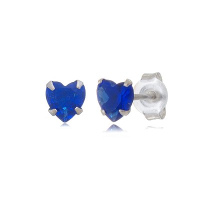 Cartela de brincos zircônia Coração 6x6 - Azul Caneta - Prata 925 (Contém 12 Pares)