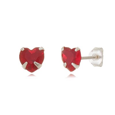 Cartela de brincos zircônia Coração 6x6 - Vermelho - Prata 925 (Contém 12 Pares)