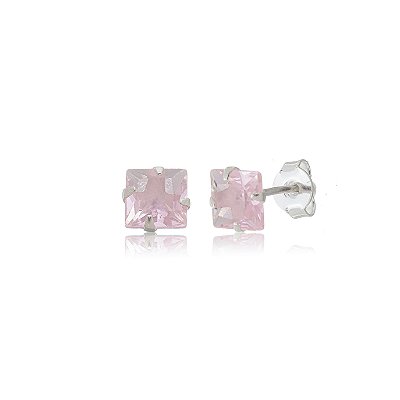Cartela de brincos zircônia quadrado 6x6 - Rosa - Prata 925 (Contém 12 Pares)
