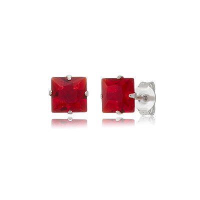 Cartela de brincos zircônia quadrado 6x6 - Vermelho - Prata 925 (Contém 12 Pares)