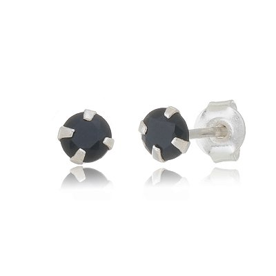 Cartela de brincos zircônia redondo 4mm - Preto - Prata 925 (Contém 12 pares)