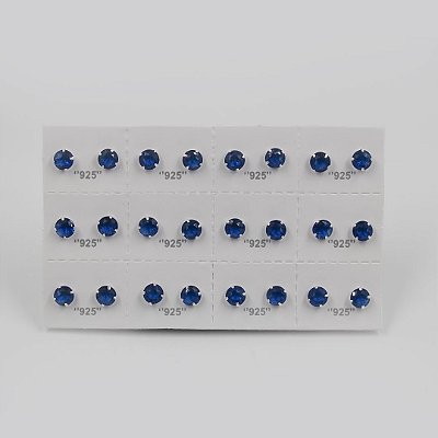 Cartela de brincos zircônia Redondo 6mm - Azul Royal - Prata 925 (Contém 12 Pares)