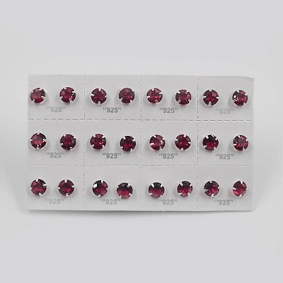 Cartela de brincos zircônia redondo 7mm - Cereja - Prata 925 (Contém 12 Pares)