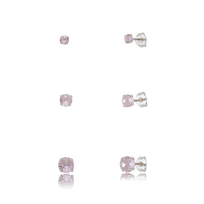 Trios de brincos zircônia Redondo - Rosa - 3/4/5mm - Prata 925 (Contém 5 Trios)