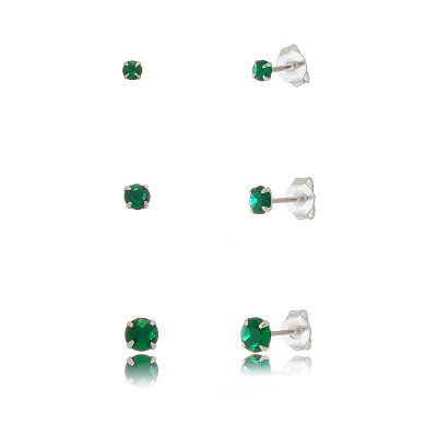 Trios de brincos zircônia Redondo - Esmeralda - 3/4/5mm - Prata 925 (Contém 5 Trios)