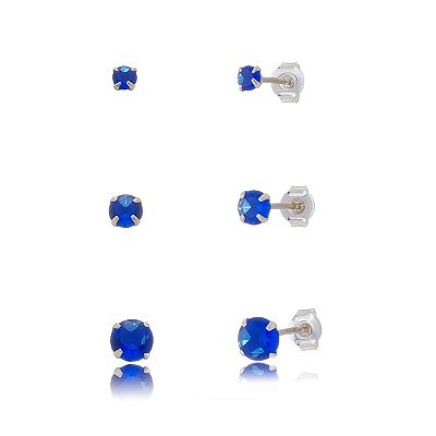 Trios de brincos zircônia Redondo - Azul Caneta - 3/4/5mm - Prata 925 (Contém 5 Trios)