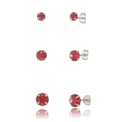 Trios de brincos zircônia Redondo - Cereja - 3/4/5mm - Prata 925 (Contém 5 Trios)