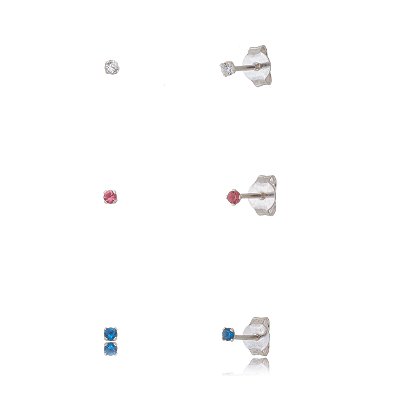 Trios de brincos zircônia 2mm - Cristal/Cereja/Azul Royal - Prata 925 (Contém 5 Trios)