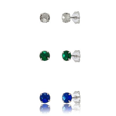 Trio de brincos Redondo 5mm - Trio COPA - Amarelo, Verde e Azul - Prata 925 (Contém 5 Trios)
