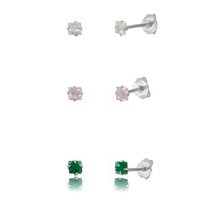 Trio de brincos Quadrado 3x3 - Rosa/Verde/Cristal - Prata 925 (Contém 5 Trios)
