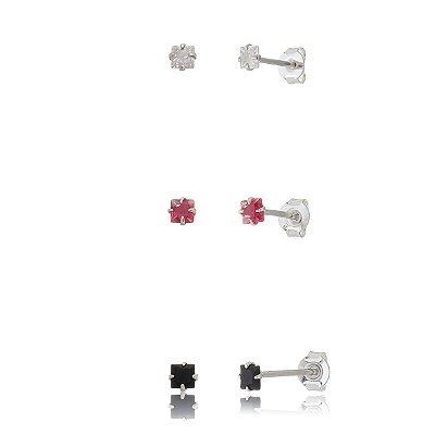 Trio de brincos Quadrado 3x3 - Cristal/Fúcsia/Preto - Prata 925 (Contém 5 Trios)