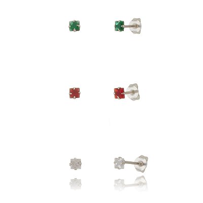 Trio de brincos Quadrado 3x3 - Cristal/Verde/Vermelho - Prata 925 (Contém 5 Trios)