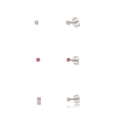 Trios de brincos zircônia 2mm - Rosa/Cereja/Cristal- Prata 925 (Contém 5 Trios)
