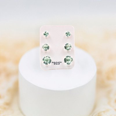 Trios de brincos zircônia Redondo - Verde Paraíba - 3/4/5mm - Prata 925 (Contém 5 Trios)
