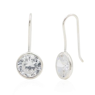 Brinco gancho com redondo zircônia 12mm - Cristal - Prata 925 (Par)