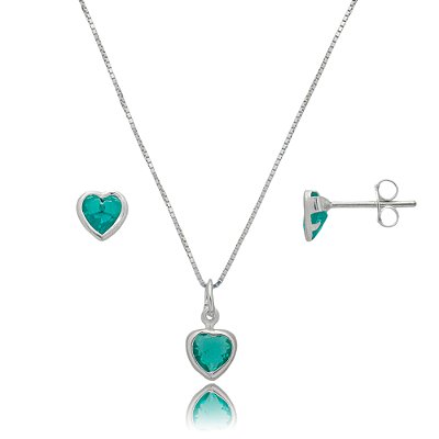 Conjunto Coração Embutido 6mm - Verde Mar - Prata 925