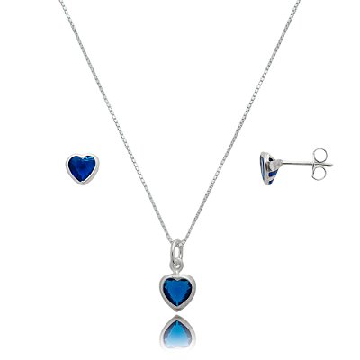 Conjunto Coração Embutido 6mm - Azul Royal - Prata 925