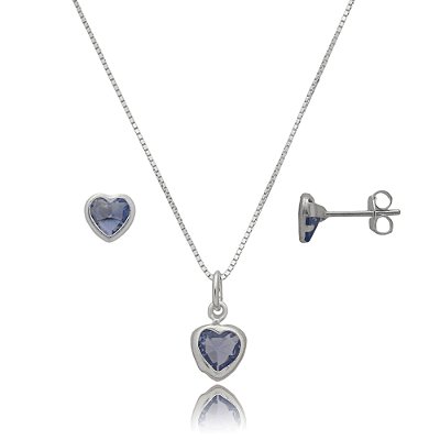 Conjunto Coração Embutido 6mm - Lilás- Prata 925