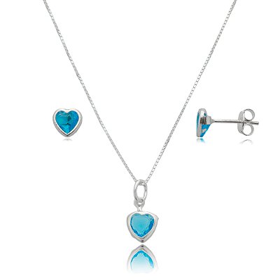 Conjunto Coração Embutido 6mm - Azul Céu- Prata 925